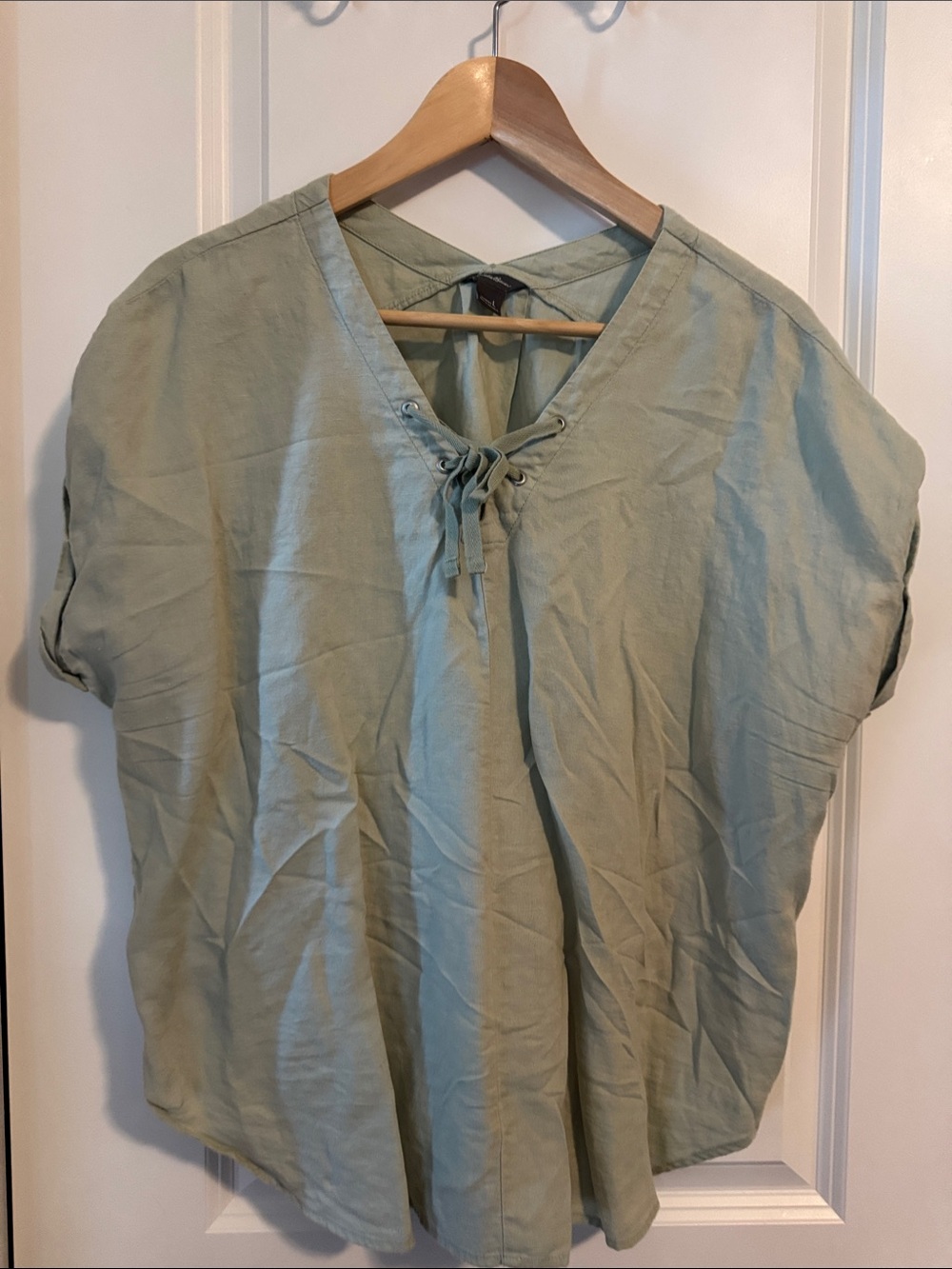 Eddie Bauer Sage Green Lace-Up V-Neck Blouse linen cotton blend